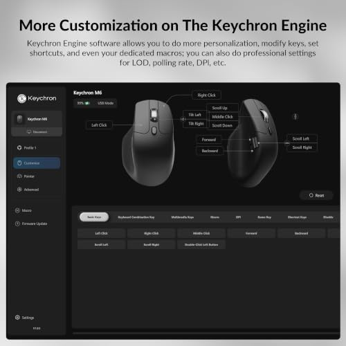 Keychron M6 Silent Wireless Gaming Mouse, 1000Hz, Bluetooth/2.4G/Wired, PixArt 3311 Sensor (12K DPI), 86g, 5 On-Board Memory Profiles for Plug & Play, Programmable for Mac/Win/Linux – Black