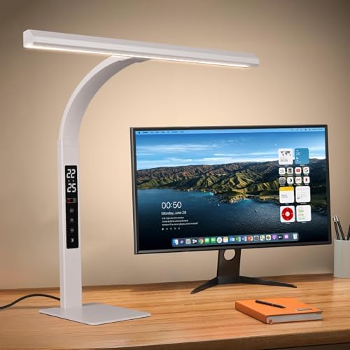 LED desk lamp for home office, architect computer work light,Touch color temperature stepless dimming and adjustable flexible gooseneck tube. desk lamp with clock , suitable for reading and studying.
