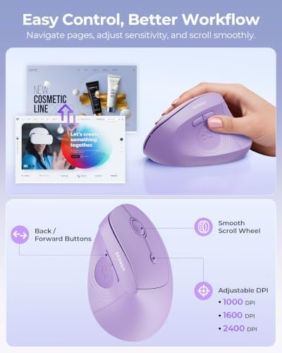 seenda Ergonomic Wireless Mouse, 52° Vertical Bluetooth Mouse, Purple
