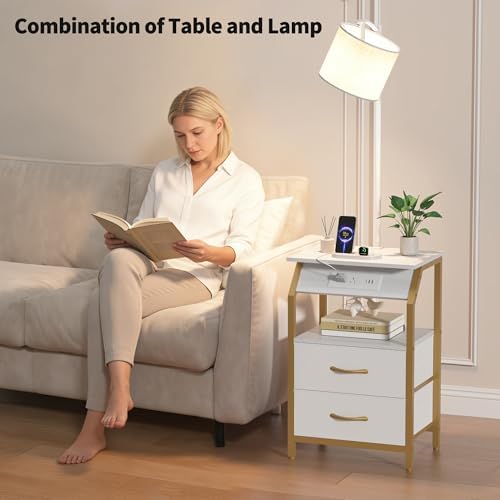 End Table with Floor Lamp, Nightstand with Charging Station, Floor Lamp Table with 3-Color Temperature Bulb, Bedside Table Night Stand with 2 Drawers for Bedroom, Living Room, Gold