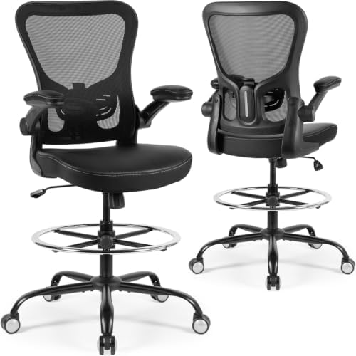 Drafting Chair Tall Office Chair 300lbs Ergonomic Standing Desk Chair with Lumbar Support and Adjustable Footrest Ring, Comfy Mesh Rolling Chair with Flip-up Armrests, Black
