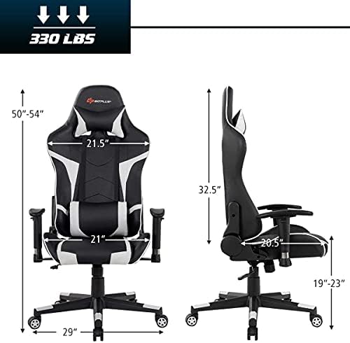 Massage Gaming Chair, High Back Office Computer Chair with Headrest and Lumbar Support, Racing Style Reclining Swiveling Game Chair for Home Office (White)