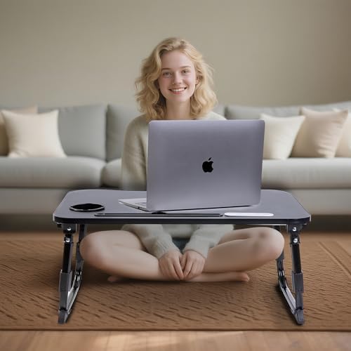 BYMECOST Laptop Desk for Bed, Height Adjustable Laptop Bed Table, Foldable Portable Lap Desk Stand with USB/Storage Drawer/Cup Holder/Slot, Breakfast Tray for Working Reading Writing Eating
