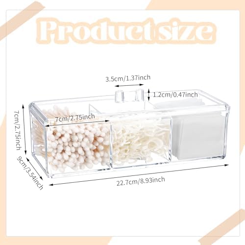 Qtip Holder Transparent 3 Compartments Cotton Ball and Swab Holder Organizer with Lid,Jar for Cotton Rounds,Bathroom Containers,Clear Acrylic Desk Organizer for Makeup Pads,Cosmetics Bedroom