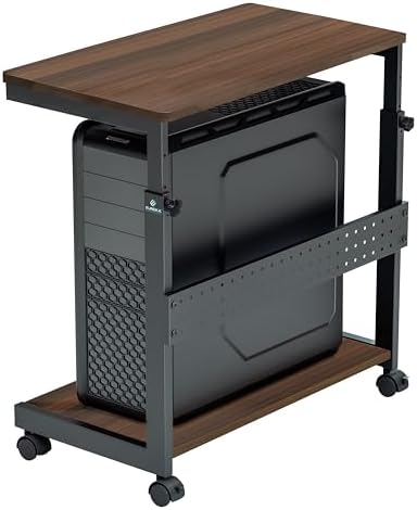 EUREKA ERGONOMIC PC Stand Computer Cart, Height Adjustable Tower Stand 2-Tier Suit for ATX Case Printer, Metal Rolling Cart on Wheels for Gaming Home Office, Walnut
