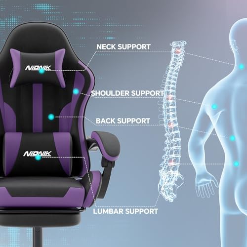Gaming Chair, Ergonomic Computer Chair with Footrest and Lumbar Support, Height Adjustable Game Chair with 360°-Swivel Seat and Headrest and for Office or Gaming BLACKPURPLE