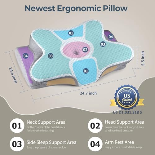 Cervical Pillow for Neck Pain Relief, Ergonomic Neck Pillow for Sleeping, Contour Side Sleeper Pillow for Neck Support, Orthopedic Cooling Memory Foam Pillows for Back Stomach Sleepers (Blue)
