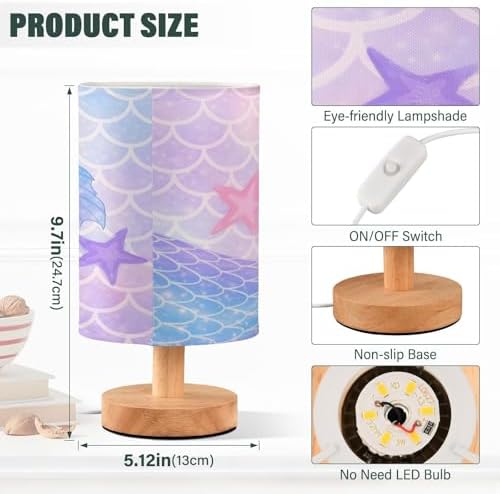 ALAZA Fish Mermaid Starfish Colorful Decor Bedside Table Lamp with USB Port for Bedroom Nightstand Office Desk LED Bulb Included