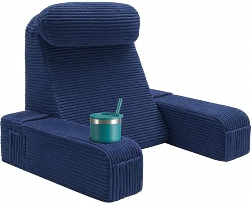 Reading Pillow for Adults, Back Pillow for Bed Sitting Up, Backrest Pillow for Sitting in Bed, Detachable Arms with Built-in Cup & Phone Caddy (Dark Navy-Corduroy, 21 INCH)