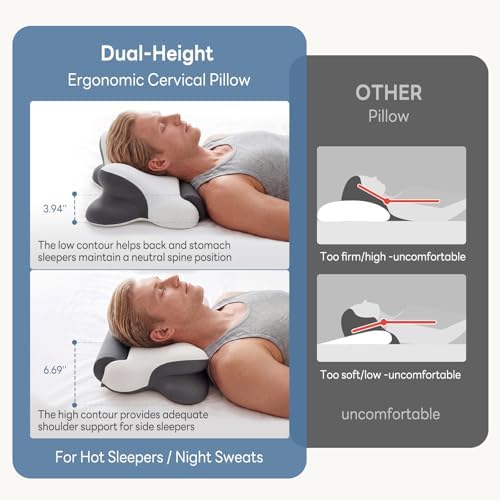 Sweetcrispy Cervical Pillow for Neck Pain, Ergonomic Contour Memory Foam Pillow with Detachable Roll Support, Cooling Breathable Cover for Side Back Stomach Sleepers