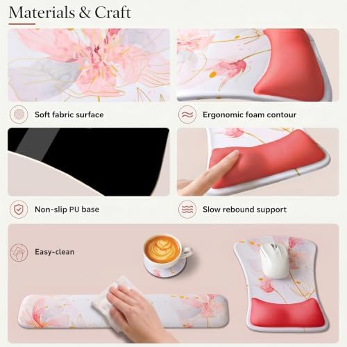Gel Mouse Pad & Memory Foam Keyboard Wrist Rest Set, Pink Floral