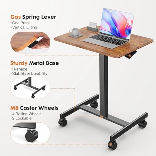 YSSOA Mobile Small Standing Desk - Rolling Desk with Adjustable Height and Lockable Wheels, Sit-Stand Laptop Table, Portable Computer Workstation, Brown