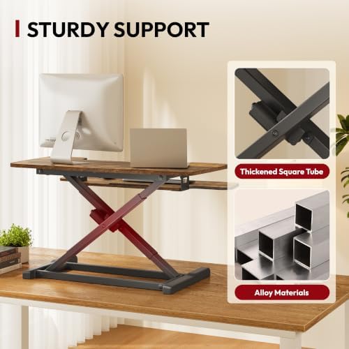 SANODESK Standing Desk Converter with Electric Motor 35" Height Adjustable Desk Riser for Office Home,Monitor and Laptop Workstation with Large Keyboard Tray, Rustic Color