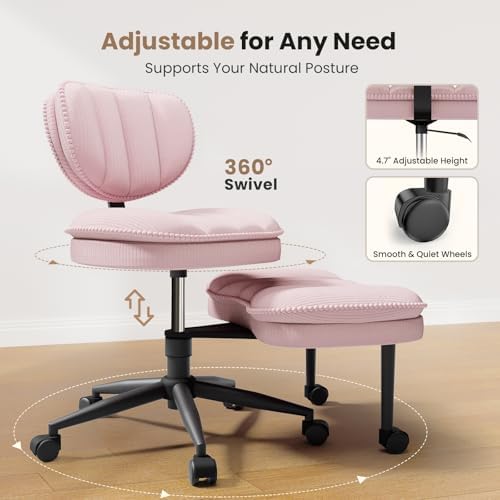 Cross Legged Office Chair, Ergonomic Cloud Criss Cross Desk Chair, Meditation Chair with Wheels, Height Adjustable Seat for ADHD, Wide Kneeling Chair with Back Support,Pink