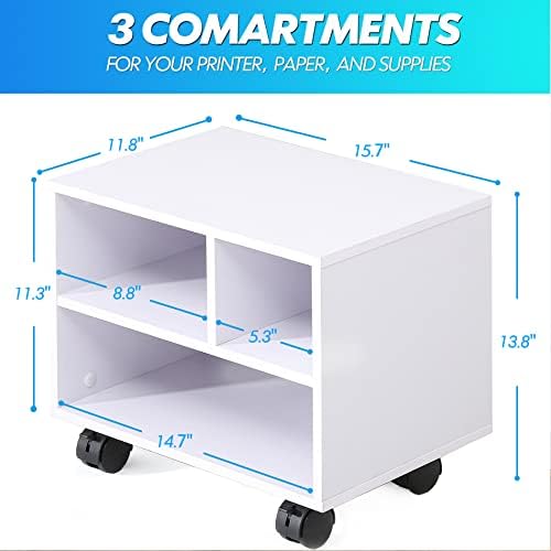 FITUEYES Printer Stand Under Desk, Small Wood Mobile Printer Table, White