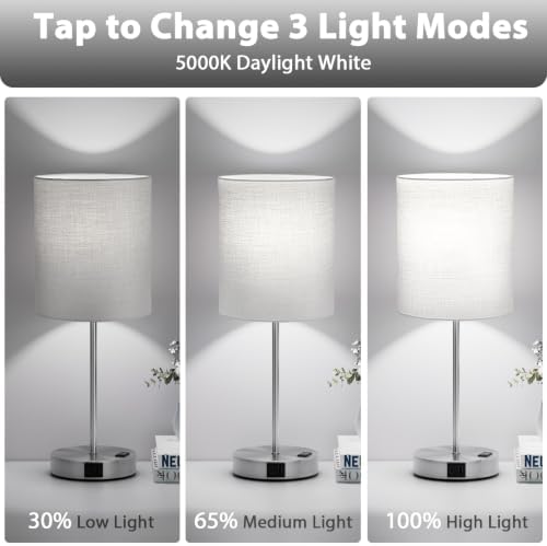 17.6" Grey Touch Lamps for Bedroom Set of 2 - Dimmable, USB C+A, AC Outlet