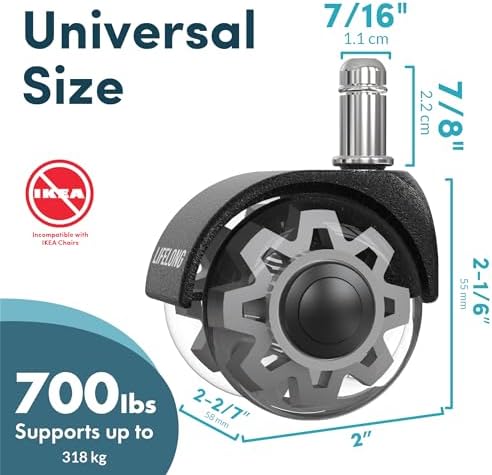 Lifelong 2Inch Office Chair Wheels Replacement, Heavy Duty, Grey, 5-Pack