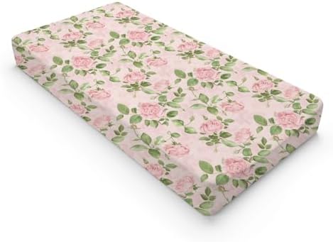 Spring Watercolor Roses Floral Leaves Baby Changing Pad Cover, Unisex Flowers Nursery Diaper Changing Table Pad Mat Sheet for Boys Girls-16x32