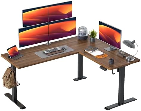 TIQLAB L Shaped Standing Desk Adjustable Height, Electric Corner Standing Desk, 63 x 55 inch Sit Stand Computer Table with Splice Board, Black Walnut