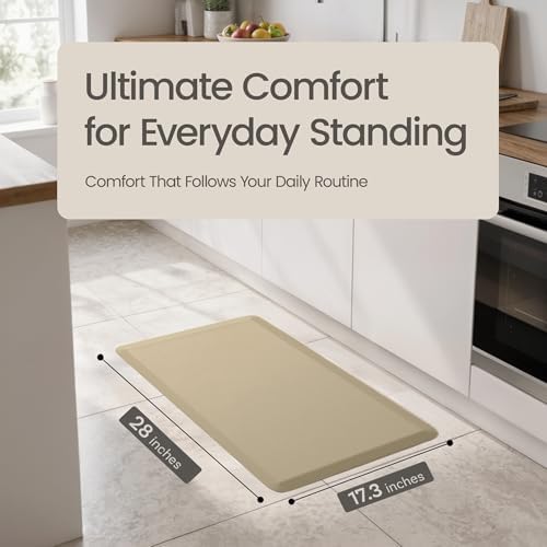 Anti Fatigue Kitchen Mats for Floor | Padded Kitchen Rugs | Non Slip, Cushioned Standing Desk Mat | Waterproof Floor Mat for Home and Office | 17.3" x 28" X 0.47", Beige, 1-Pack | More Décor
