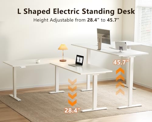 Casaottima 71 Inch L Shaped Electric Standing Desk, Home Office, White
