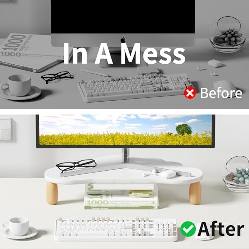 AFOOYO Monitor Stand Riser,Cloud-Shaped Sturdy Wood 16.5In Computer Monitor Riser Wirh Drawer, Multi-Purpose Desktop Organizer Riser for Computer,Laptop,Printer,TV,White
