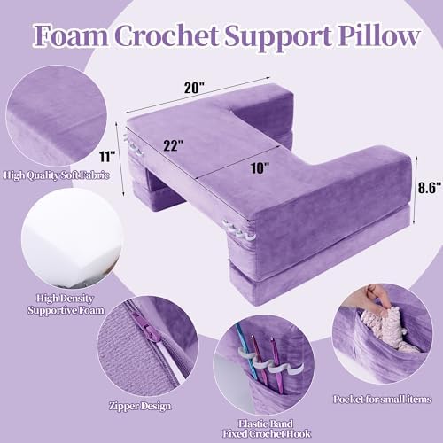HOMBYS Adjustable Foam Crochet Pillow for Lap Support, Soft Velvet Reading & Gaming Pillow with Side Pocket and Elastic Band, Desk Cushion for Sofa, Bed & Floor, Heights for Adjusting (Purple)