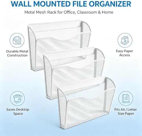 Gawerk Mesh Hanging Wall File Holders, Metal Vertical Wall Basket Mail Organizer for Office/Home (White, 3 Pack Wall Mounted)