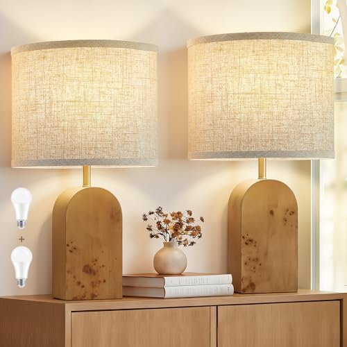 19" Table Lamps Set of 2,Wood Bedside Lamps for Bedroom Living Room-Natural