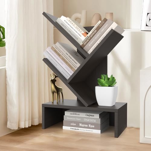 Godferyxin Small Bookshelf,4-Tier Bookshelf with Drawers,Black Bookshelf