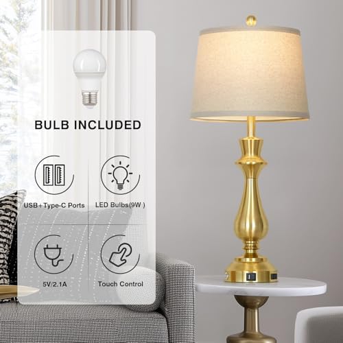 Modern Gold Table Lamp for Living Room,30" Tall Bedside Lamp with USB Charging Port,3-Way Dimmable Touch Nightstand Lamp for Bedroom Desk Side Table Office,Gold-1P