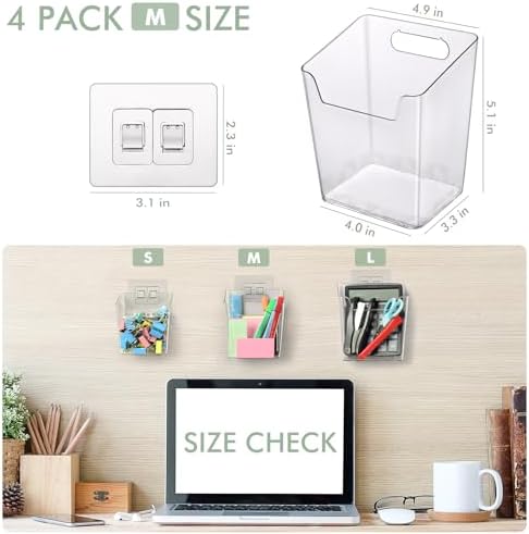 Clear Adhesive Wall Storage Bins 4-Pack Cabinet Door Organizer Cups(Medium)
