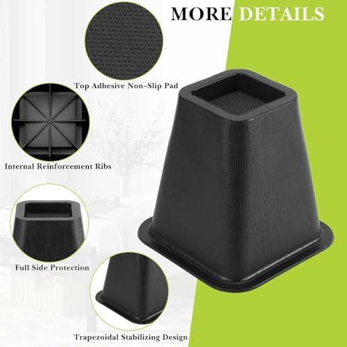 4 Pack Furniture Risers 6 Inch, Bed Risers Heavy Duty for Table Desk Couch Chair Sofa Cabinet Bed Frame Dorm, Square Table Leg Risers Lift Height 6", Black
