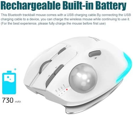 zelotes Wireless Trackball Mouse,Bluetooth Mouse,Rechargeable,4800 DPI, 2-in-1(BT 5.0/3.0+2.4GHz USB Receiver), 8 Buttons,Ergonomic Design,LED Lighting,for Laptop, PC, Pad,White