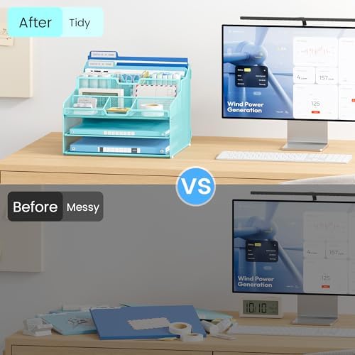 Lavatino Desk Paper File Organizer - Metal Mesh with 2 Letter Trays, 7 Flexible Dividers, 2 Vertical File Folder Holders for Office/Home/Classroom Supplies, Desk Organizers and Accessories, Blue