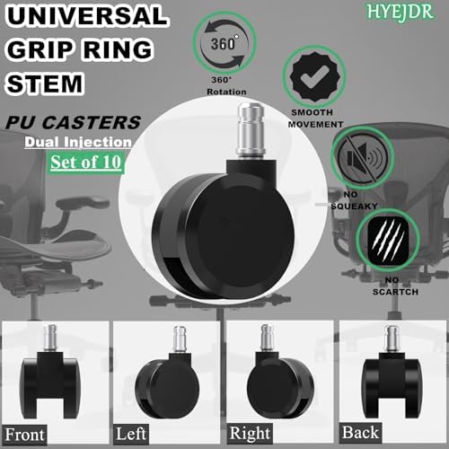 Office Chair Caster Wheels Replacement, 2.36"(60mm) Casters Replacement for Office Chair or Stool Wheel, Universal Size 11x22mm for Carpet and Hardwood Floors (Set of 10)