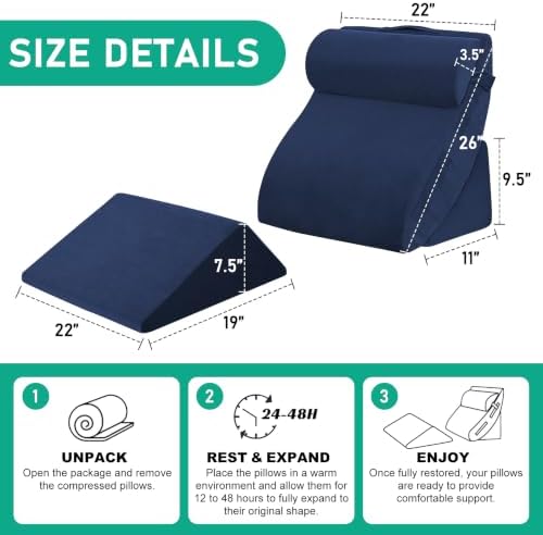 4PCS Wedge Pillow Set for After Surgery, Orthopedic Bed Wedge Pillow for Back Pain Relief, Sitting Up in Bed, Acid Reflux, Adjustable Post Surgery Pillows for GERD, Snoring, Velvet Navy