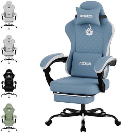 Gaming Chair with Massage,Ergonomic PC Gaming Chair Computer Chairs with Footrest Comfortable Headrest and Lumbar Support, High Back BLUENWHITE