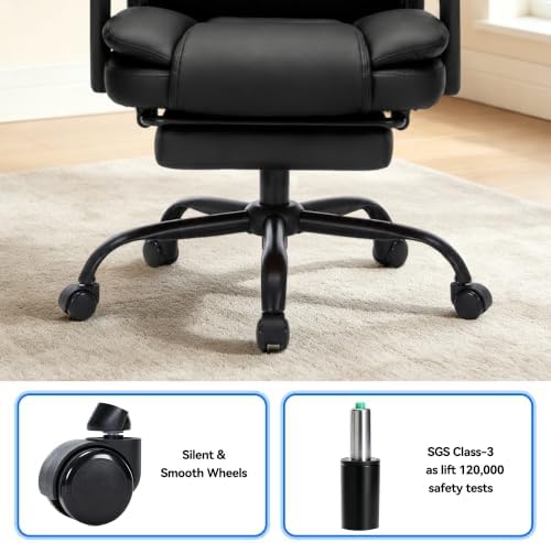 600LBS Executive Office Chair with FootRest for Heavy People High Back Ergonomic Gaming Chair with Lumbar Support Reclining Home Office Desk Chair with Pocket Spring Cushion Breathable Leather (BLACK)