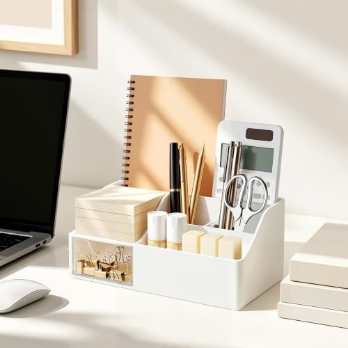 HBlife Acrylic Desk Organizer with Drawer, Pen & Pencil Holder, Multifunctional Desktop Caddy for Office Supply and Organization (White)