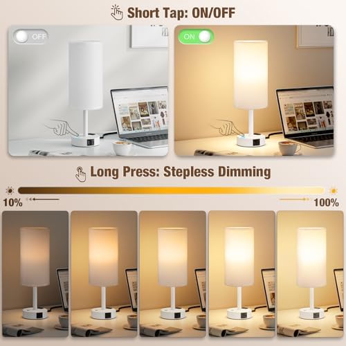 White Touch Bedside Lamp for Bedroom, Stepless Dimmable, USB A+C, AC Outlet