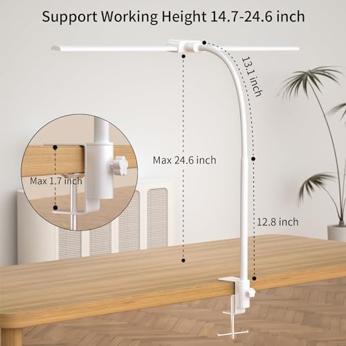 LED Desk Lamp with Clamp, Double Head for Dual Screen, 4 Color Modes,White