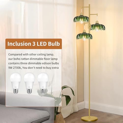 Dimmable Floor Lamps for Living Room Bedroom-3 Light Gold Floor Lamp with Glass Lampshape, Flower Tall Lamp Mid Century Modern Standing Lamp Glass Tree Floor Lamps for Living Room Bedroom,Corner
