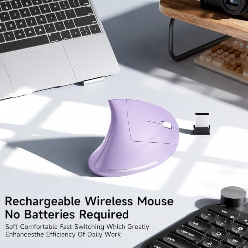 Ergonomic Vertical Wireless Mouse Stylish Rechargeable 2.4G Optical Mice Cordless Mouse with USB Receiver, 800/1200 /1600 DPI, 5 Buttons for Laptop,PC,Mac,Computer (Purple)