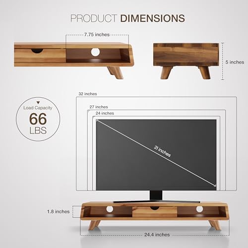 Tinamo Acacia Monitor Stand with Drawer, Multi-Purpose Storage (Patented)