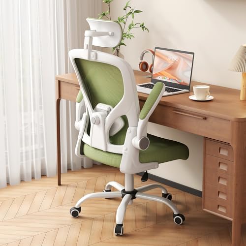 Office Chair, Ergonomic Desk Chair with Adjustable Lumbar Support, High Back Mesh Computer Chair and Headrest, Comfortable Gaming Chairs Rolling Swivel Task Chairs Flip-up Arms(Green)