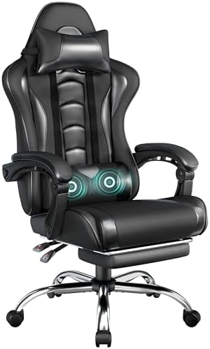 Yaheetech Gaming Chair with Footrest Massage Lumbar Pillow Reclining Black
