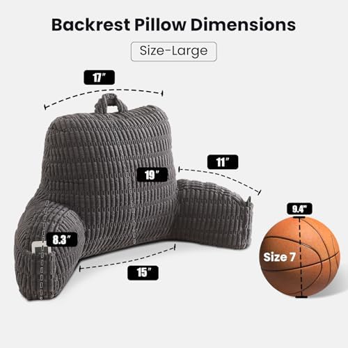 Large Reading Pillow for Sitting Up with Arms,Gray Corduroy