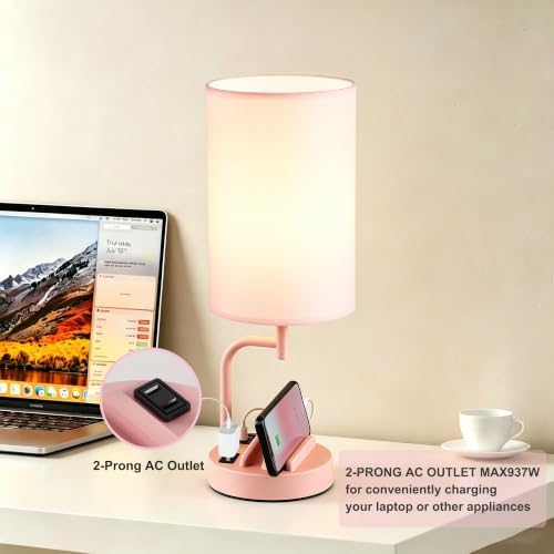 Dreamholder Touch Control USB Table Lamp with USB C/A & AC Outlet, 3-Way Dimmable Bedside Lamp, Modern Nightstand Lamps for Bedroom Living Room Guest Room Office, Bulb Included, Pink