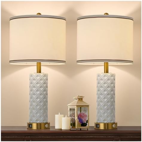 Set of 2 Table Lamp for Living Room Bedroom Farmhouse,26'' Touch Control Bedroom Ceramic Lamps 3-Way Dimmable Bedside Lamps with USB A+C Ports Linen Shade for Home(2 Bulbs Included)